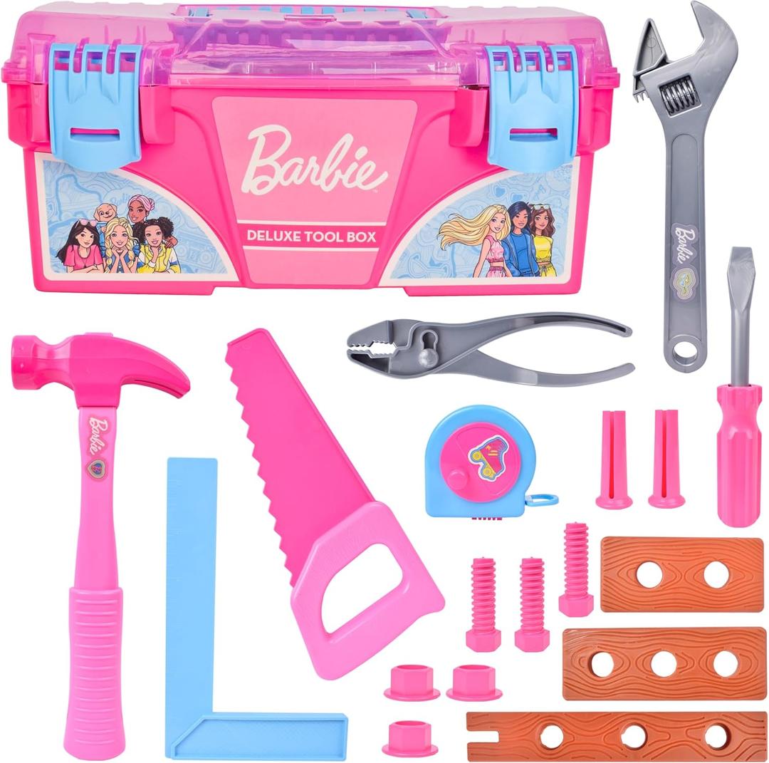 Barbie Tool Box Playset  18 Piece Deluxe Tool Set, Pretend Play Construction Tools with Tape Measure, Girls Pink Tool Box with Handle, Perfect Preschool Role Play Toy for Kids
