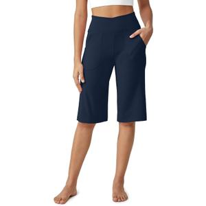 G4Free Capri Pants for Women 14" Knee Length Wide Leg Yoga Capris Dressy Casual Summer Crop Pants with Pockets (Large, Dark Navy)