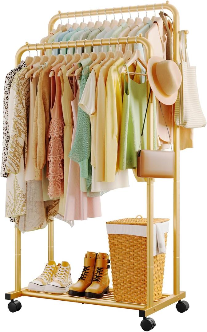 Clothes Rack - Double Rods Clothing Rack with Mesh Shelf, Hooks & Wheels, Metal Clothing Racks for Hanging Clothes & Bags, Multifunctional Garment Rack for Laundry, Gold, 28.7" x 16.5" x 59.1"