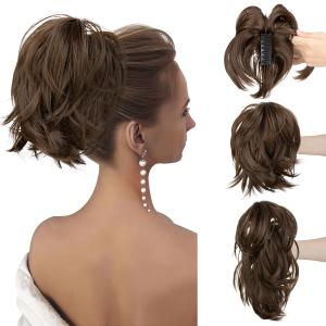 CJL HAIR Claw Clip Short Ponytail Hair Extensions DIY Bendable Metals Messy Bun Hair Piece for Wonen Straight Synthetic Fake Hairpieces Medium Brown