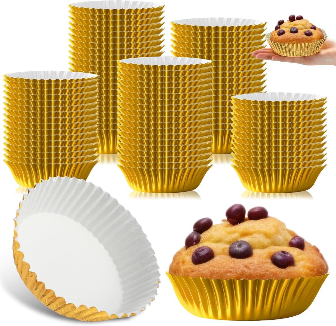 Baderke 200 Pcs Jumbo Cupcake Liners for Baking 3.5" Large Foil Disposable Muffin Cups Chocolate Covered Strawberries Supplies Gift Wrapping for Galentine Holiday Party(Gold)