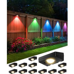 Solar Fence Lights Outdoor, 10 RGB Color & 3 Light Mode Fence Lights Solar Powered for Outside Backyard, Railing, Step, Patio, Fence Post, Home Improvement Garden Decor, 12 Pack