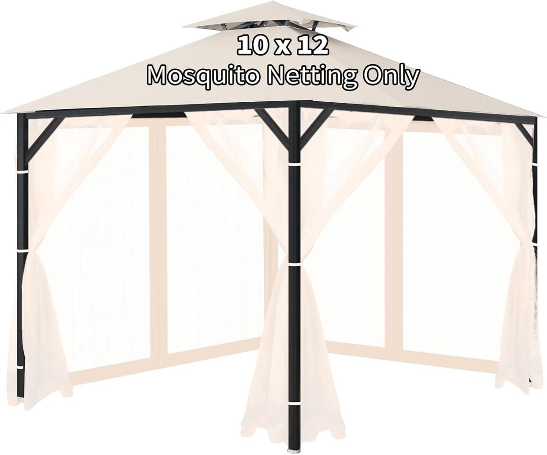 Gazebo Universal Replacement Mosquito Netting, 10'x12' Gazebo Netting Outdoor, 4-Panel Screen Walls for Outdoor Patio with Zipper (Mosquito Net Only) (Beige)