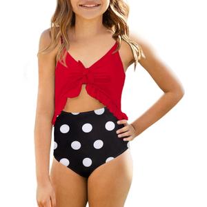 Saodimallsu Girls One Piece Cutout Ruffle Swimsuits Kids Floral High Waisted Tie Front Bathing Suits (7-8 Years, Red)