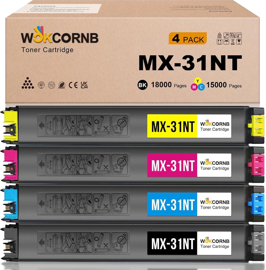 MX-31NT Toner Cartridge Compatible for Sharp MX-31NT MX-31NT-BA MX-31NT-CA MX-31NT-MA MX-31NT-YA for Sharp MX-2600N 2601N 3100N 3101N Printer (4-Pack)
