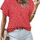 LOOKBOHO Womens Tops Dressy Casual Trendy Business Work Blouses Short Sleeve Ruffled V-Neck Tshirts (Large, Red Floral)