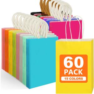 MITINU 60PCS Paper Gift Bags, 5.8"x3.2"x8.25" Party Favor Bags Bulk Rainbow Goodie Small Gift Bags with Handles for Kids Birthday Baby Shower Crafts Wedding Party Supplies (15 Colors)