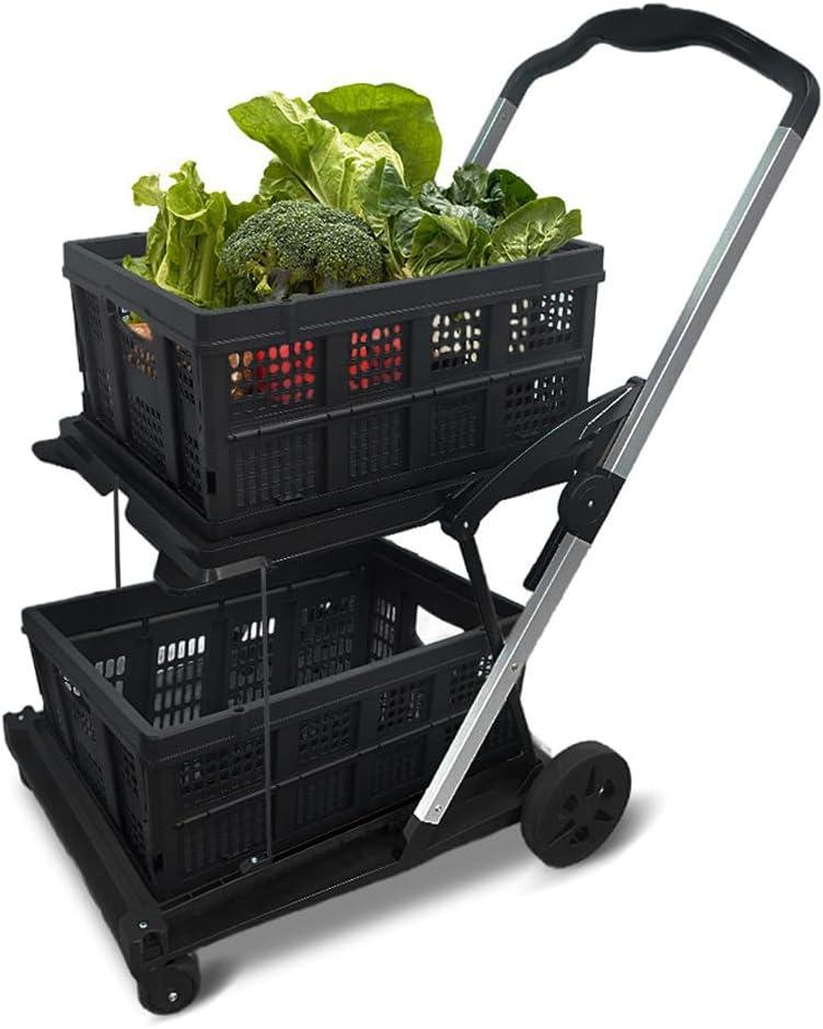Two Layers Folding Shopping Cart | Multi Use Functional Collapsible Carts | Collapsible Grocery Carts | Shopping Cart with Storage Crate | Utility Cart for Groceries, Warehouse,Supermarket.Black