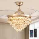48" Crystal Ceiling Fans with Lights and Remote, Dimmable, 6 Speeds, Luxury Chandelier Fan Rose Gold Crystal Fandelier for Dining Room Living Room Bedroom