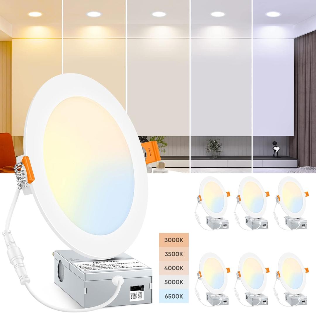 BesLowe 6 Packs 6 Inch 5CCT LED Recessed Ceiling Lights Ultra-Thin with Junction Box, 12W 150W Eqv, 3000K/3500K/4000K/5000K/6500K, 1200LM Dimmable Canless Downlights for Kitchen Hallway Dining Room