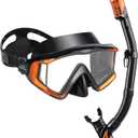 Adult Pano 3 Scuba Diving Mask, Tempered Glass Snorkel Mask Anti-Fog Swim Mask No Leakage Swim Goggles with Nose Cover Snorkeling Gear for Snorkeling, Freediving, Swimming (Orange/Black Set)