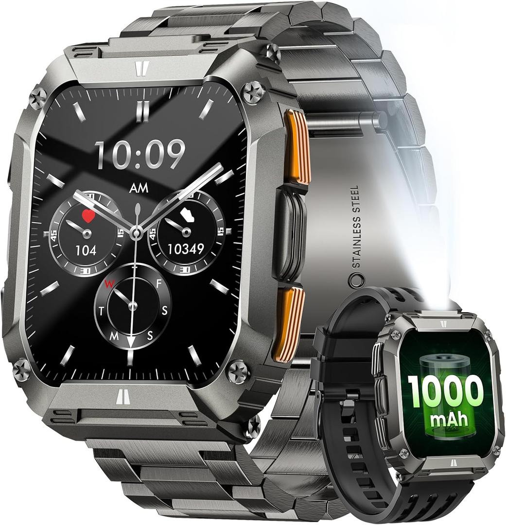 Military Smart Watches for Men, 1.95'' Smart Watch with 100 Days Battery/Flashlight, Fitness Tracker Watch with Heart Rate/Sleep Monitor/100+ Sports Mode,5 ATM Rugged Smartwatch for Android and iPhone (Black+Stainless Steel)