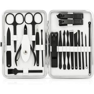Manicure Set, Jubolion 19pcs Stainless Steel Professional Nail Clippers Pedicure Set with Black Leather Storage Case, Portable Grooming Kit for Travel or Home, Perfect Gifts Women and Men (Black)