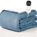Homemate Heated Blanket Electric Throw - 50"x60" Heating Blanket Throw 1/2/4/6/8 Hours Auto-Off 10 Heat Levels Over-Heat Protection Soft Flannel Sherpa ETL Certification (11 - Light Blue (Striped))