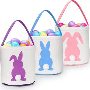 Sunboom 3 Pack Easter Baskets for Kids Empty, Easter Egg Hunt Basket with Handle - Easter Bunny Baskets for Boys & Girls, Canvas Fluffy Tails Rabbit Bags Buckets for Party Gifts (Pink+Blue+Purple)