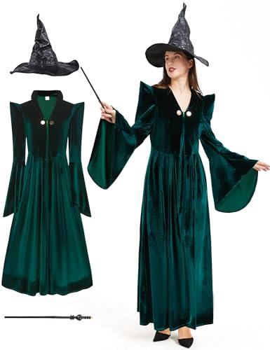 Takuvan Professor Witch Costume Adult Women Dark Green Velvet Dress Wizard Plus Size Costumes Outfit for Halloween Cosplay.M