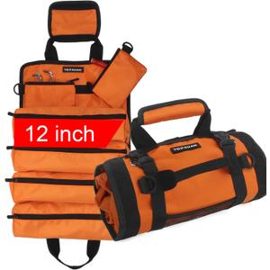 Tool Bag Roll Up 4 Large Zipper pockets 2 detachable pockets for Hand Tools and Small Hardware Organizer Orange Roll Up Tool Bag for Car 13 in