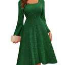BeryLove Prom Dress for Teens Long Sleeve Sequin Dress Square Neck Midi Cocktail Party Formal Dress Glitter Bridesmaid Dresses S006 DarkGreen S (Green)