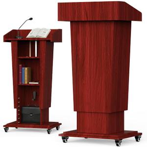 GARVIN Wooden Podium Stand with Wheels, 43"-55" Adjustable Height Podium Stand with Hand Crank, Wooden Pulpit for Churches with Storage Shelves&Cable Management Hole for Schools, Auditoriums