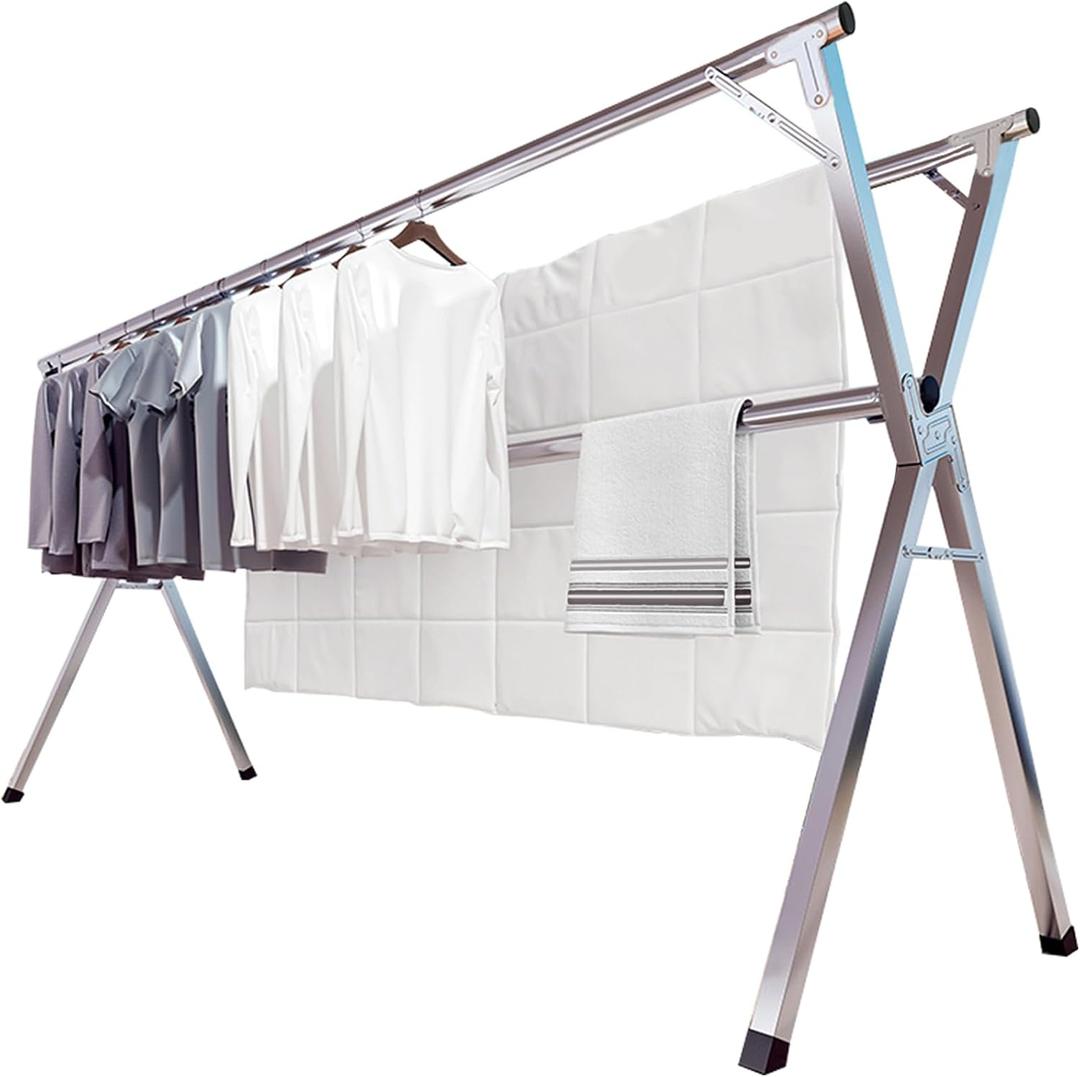 JAUREE 79 Inches Clothes Drying Rack, Drying Rack Clothing Folding Indoor Outdoor, Heavy Duty Stainless Steel Laundry Rack, Foldable Portable Large Clothes Rack Garment Rack with 20 Windproof Hooks