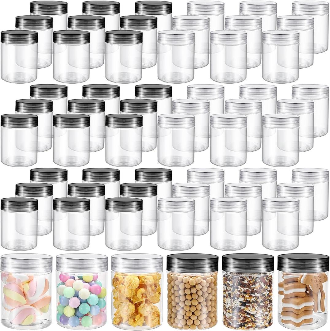 Sliner 59 Pcs 8 oz Plastic Jars with Lids Clear Round Leakproof Storage Containers Empty Refillable Plastic Mason Jars for Travel Storage Face Creams Kitchen Household Food Spice (Clear And Black)