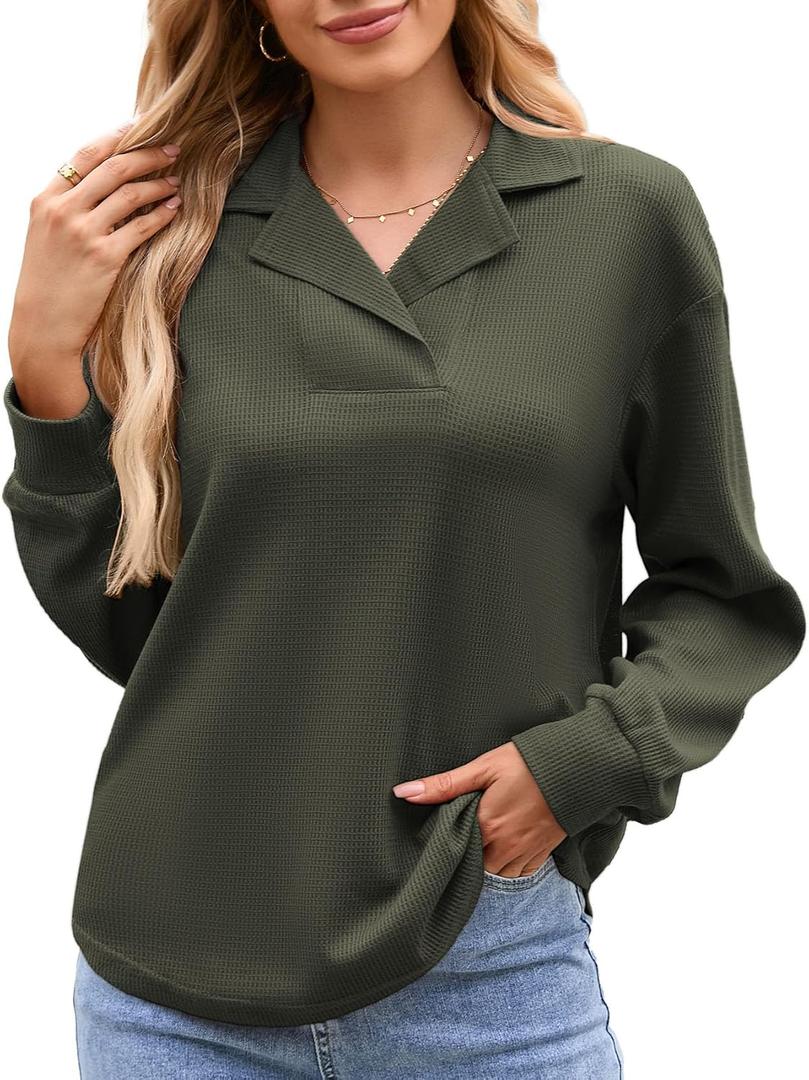 Women Waffle Knit Tops 2025 Fall Casual Long Sleeve Shirts V Neck Tunic Tops Sweaters (Green, XL)