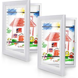 KOTNYX 2 Pack LED Light Kids Artwork Frame - Front Opening Kids Art Display Picture Frame, Holds 100 Pictures, MDF & Shatter-Resistant Glass, Standing Frame/Wall Hanging,13.3x10, Mat 11.6x8.3 (white)