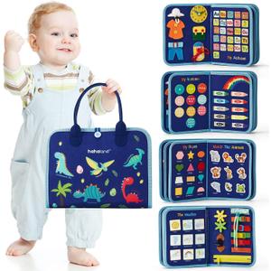 hahaland Busy Board for Toddlers - Montessori Toys Preschool Learning Activities with Life Skills, Alphabet, Number, Shape, Color, Animal, Weather - Toddler Boy Learning Educational Toys, Travel Toys,B - Dinosaur - 8 Pages