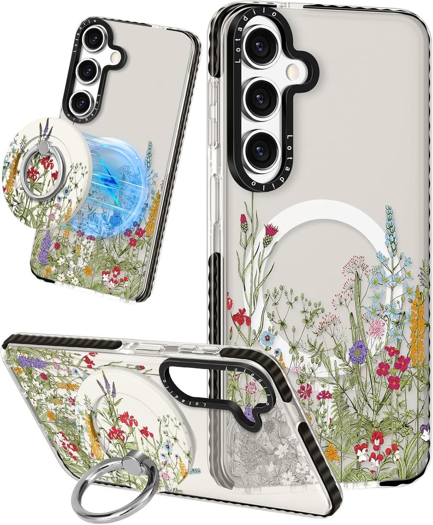 Cute Case for Samsung Galaxy S25 for Women Girls - Funny Wild Floral Design Compatible with Magsafe Magnetic Ring Holder Kickstand Fashion TPU Phone Covers