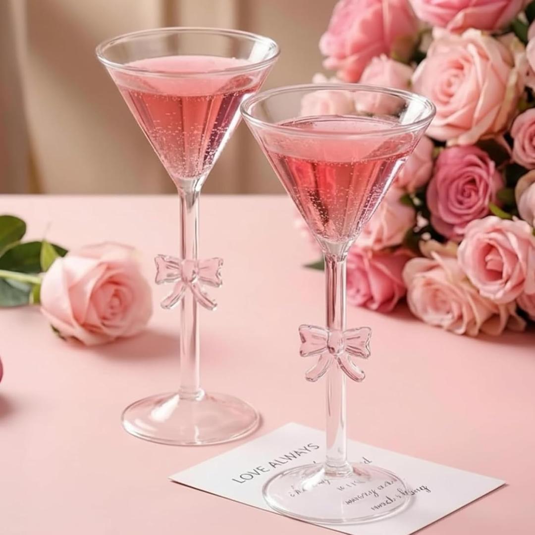FoldTier 2 Pack Pink Bow Martini Glasses 9 oz Bow Coquette Cocktail Glass Hand Blown Wine Champagne Cup Girly Glassware Gift for Wedding Birthday Bridal Bar Party