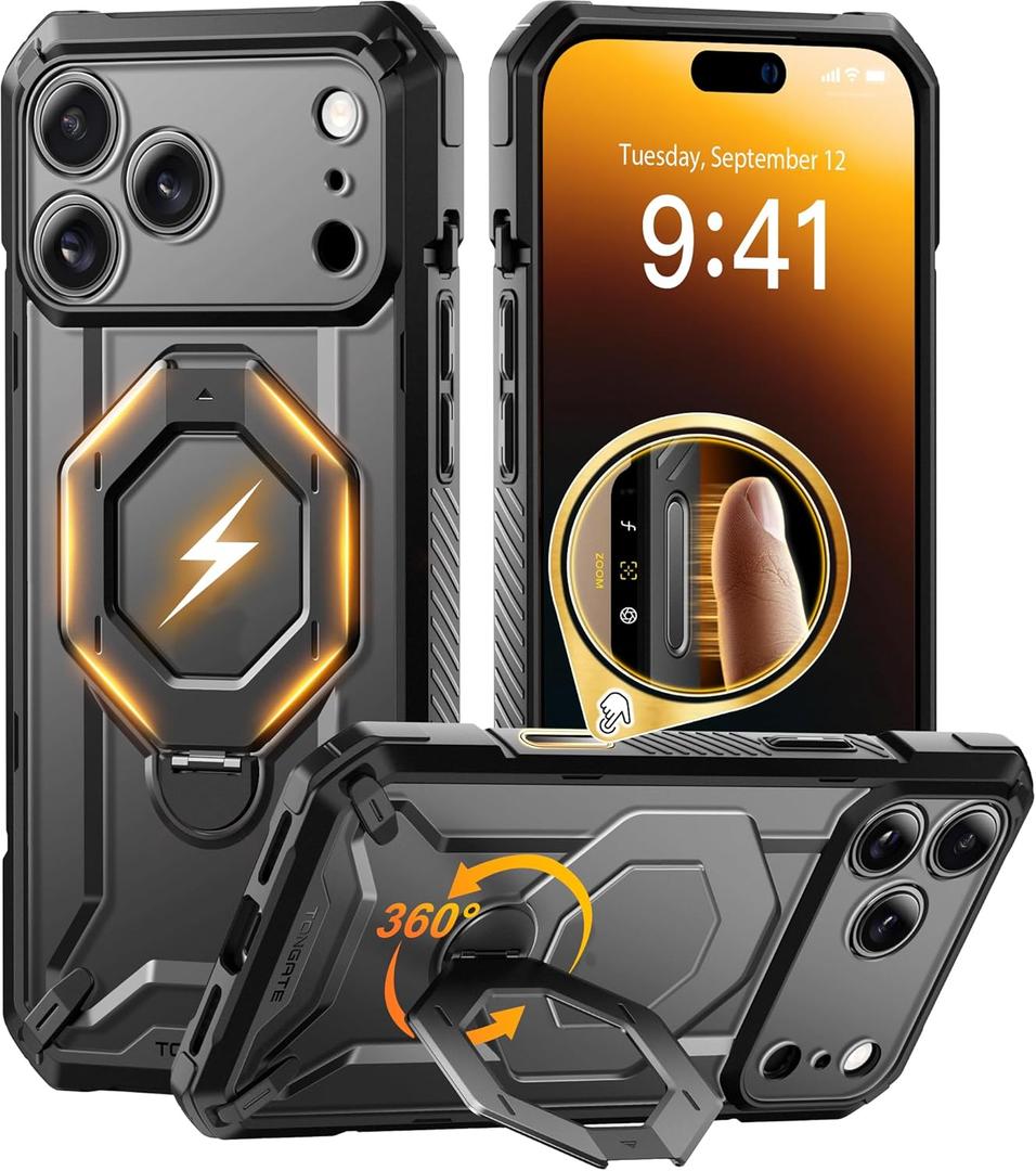 TONGATE for iPhone 17 Pro Max Case with 360 Spin Magnetic Stand, [Compatible with MagSafe][Military-Grade Protection] with Screen Protector & Camera Control Cover for iPhone 17 ProMax, Black