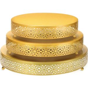 Wenqik 3 Pcs Cake Stand 16'' 14'' 12'' Round Metal Cake Stand Bases Display Holder Cookies Fruit Serving Tray Candy Display Plate Cupcake Dessert Pastry Riser for Wedding Birthday Party(Gold)