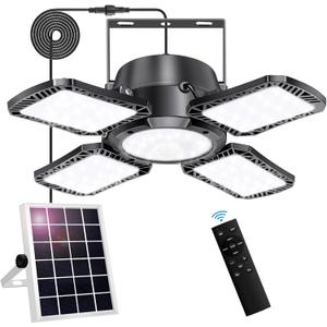 176LED Solar Powered Motion Sensor Pendant Light, Daytime Available, 5 Lighting Modes & Remote for Shed, Gazebo, Barn, Garage, Home, Indoor/Outdoor, Black, 3.5"L x 3.5"W x 3.9"H