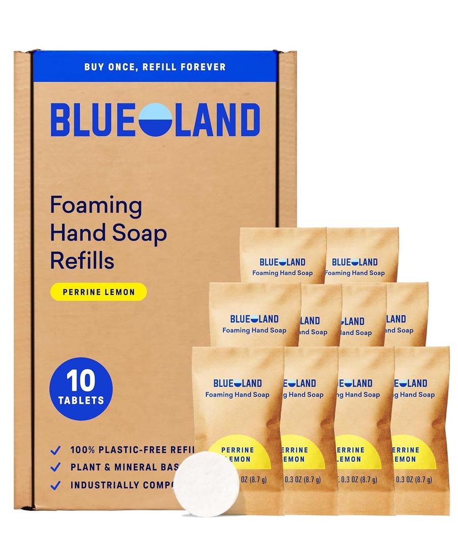 BLUELAND Foaming Hand Soap Refill Tablets, 10-Pack, Perrine Lemon Scent, Eco Friendly Cleaning Products, 10 x 9 Fl oz