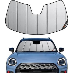 Pigenius Windshield Sunshade for Mini Countryman 2025-2026, Matte Silver Faux Leather with Anti Glare Premium Soft Touch - No Fingerprint & Luxury No Glare Feel