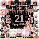21st Birthday Decorations for Her, Black Rose Gold Happy 21st Birthday Decorations for Girls 21 Banner, Balloons, Hanging Swirls, Cake Topper, Backdrop, Crown, Sash, Paper Fans,21 Years Old Party Supplies