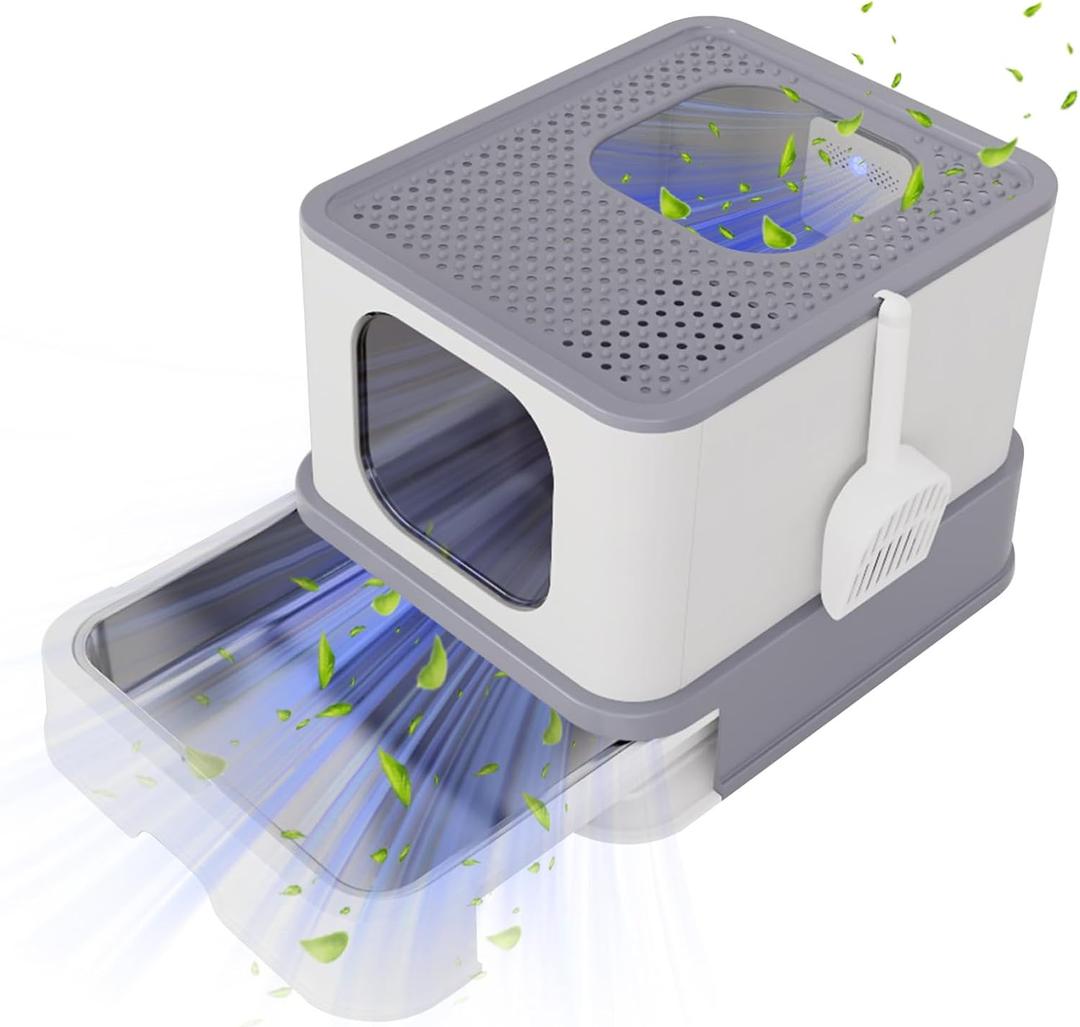 RIZZARI Enclosed Cat Litter Box with Lid, Large Foldable Litter Box with Litter Scoop, Top Entry Cat Toilet for Kittens and Big Cats (Light Gray,Stainless Steel with Deodorizer, X-Large)