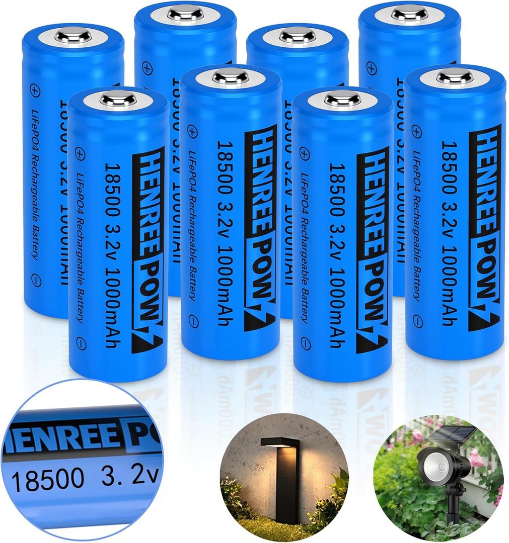 Henreepow 18500 Rechargeable Battery, 3.2v LiFePO4 Lithium Phosphate Battery 1000mAh for Outdoor Garden Solar Lights, Flashlight (8 Pack)