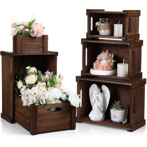 AceOrbit 6 Pcs Decorative Wood Crates for Storage Display 6 Size Rustic Nesting Crates with Handle Farmhouse Wooden Container Boxes for Wedding Bride Shower Party Market Farmers Decor(Dark Brown) (Classic Color)