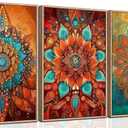3Pcs Boho Mandala Floral Canvas Wall Art Modern Plants Colorful Flowers Painting Decor Pictures Vintage Floral Red Bloom Posters Prints for Office Living Room Bathroom Bedroom Decoration No Frames (16"L x 12"W)