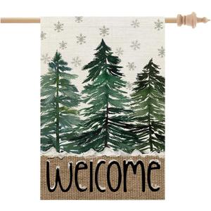 CROWNED BEAUTY Christmas House Flag 28x40 Inch Double Sided Large Burlap for Outside Welcome Pine Trees Holiday Yard Flag CF1105-40