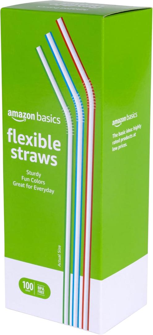 10 x Amazon Basics Disposable Striped Plastic Flex Straws, 7.5" Long, Assorted Colors, 100 Count, Large Pack