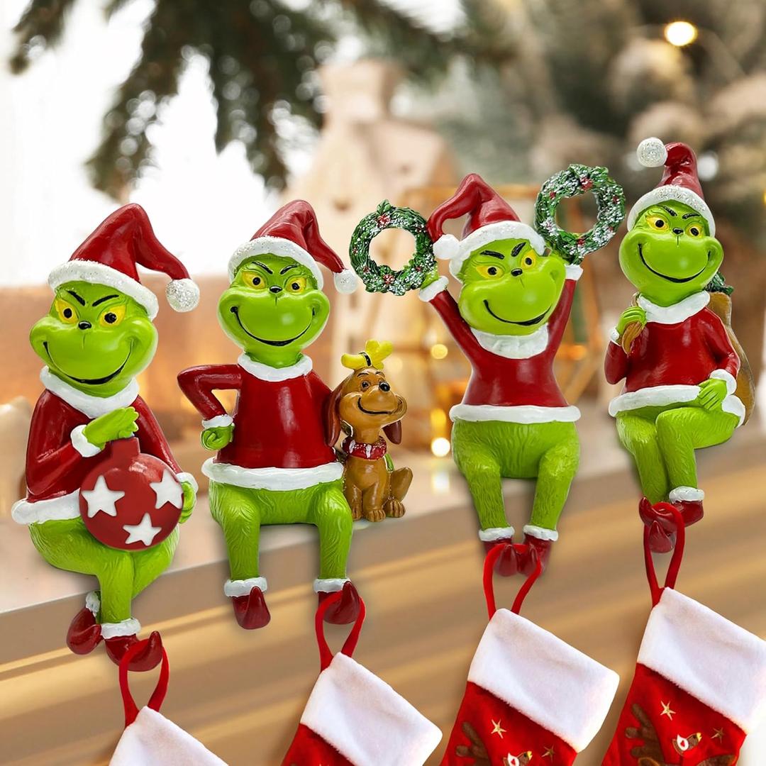 Stocking Holders for Mantle, Green Christmas Stocking Holders for Mantle Set 4, Christmas Green Stockings Hangers