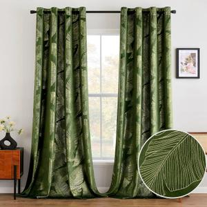 MIULEE Luxury Velvet Curtains 84 Inches Long 2 Panels, Leaf Patterned Gold Foil Printed Curtains for Bedroom Living Room Soft Room Darkening Thermal Insulated Grommet Window Drapes, Olive Green (52"W x 84"L (Pack of 2), Olive Green/Gold Leaf)