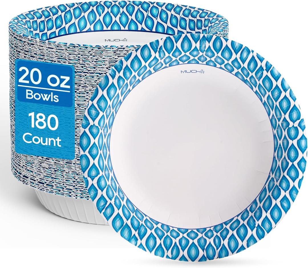 MUCHII 20 Oz Paper Bowls 180 Count Disposable Bowls, Printed Soak Proof Large Bowls for Breakfast, Lunch, and Dinner Meals MUCHII 20 Oz Paper Bowls 180 Count Disposable Bowls, Printed Soak Proof Large Bowls for Breakfast, Lunch, and Dinner Meals