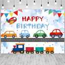 10x8ft Transportation Birthday Backdrop Cartoon Cars Train Boy Birthday Party Photography Background for Kids Boys Birthday Decorations Portraits Banner Photo Studio Props