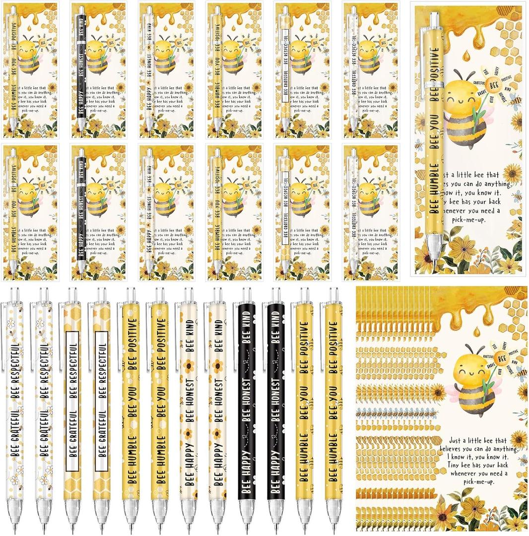 AmazingSpark 96 Set Bee Gifts Bulk Party Favors Inspirational Retractable Pencils 0.7mm Funny Mechanical Pencils with Positive Cards for Teacher Team Coworker Employee Office Supplies