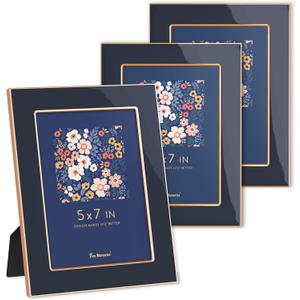 Fun Memories 5x7 Picture Frame - 3pcs Navy Blue Enamel Glass Photo Frame with Gold Edge & Easel for Display Picture Frame on Countertops, Tabletops, Bookshelves, Desks, Walls (Navy/Gold)
