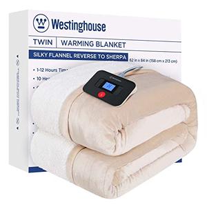 Westinghouse Electric Blanket Twin, Heated Blanket Twin Size with 10 Heating Levels and 1 to 12 Hours Heating Time Settings, Flannel to Sherpa Reversible, Machine Washable (62" x 84", Beige)