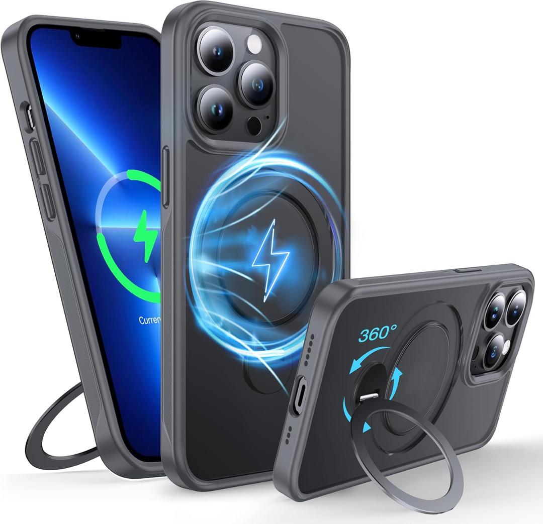 FNDMIL 360°Rotatable Magnetic Ring for iPhone 13 Pro Case Compatible with MagSafe [Built-in Kickstand] [Military Shockproof] [Non-Slip Texture Edge] Slim Translucent Matte Soft Silicone Bumper, Gray